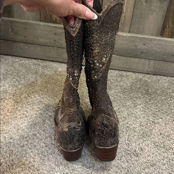 Frye Studded Star Distressed Leather Western Cowboy Boots Brown Size 5 - Picture 6 of 10